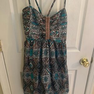 Billabong Teal, Brown and White Aztec Spaghetti-Strap Mini Dress